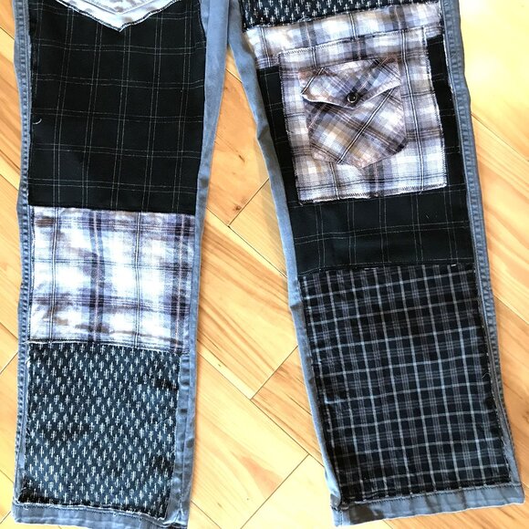 Grunge Hippie Pants, 12 Petite: Upcycled Gray Tattered Patchwork Grunge Jeans - Picture 6 of 7